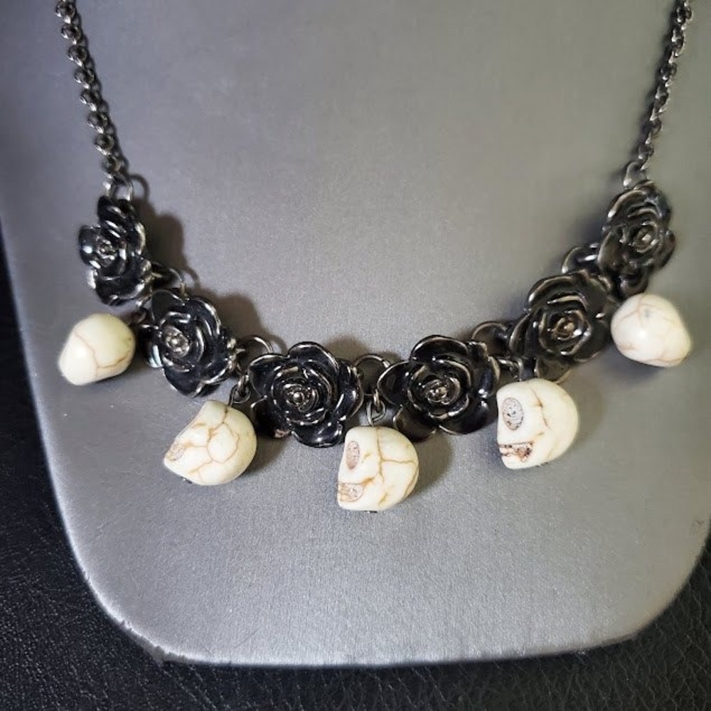 Black Rose and White Howlite Skull Charm Necklace Goth Grunge Edgy Halloween